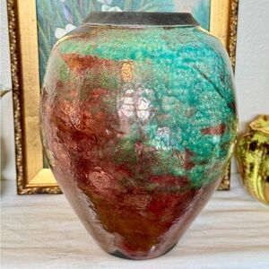 Vintage Raku Metallic Copper & Teal Ceramic Vessel